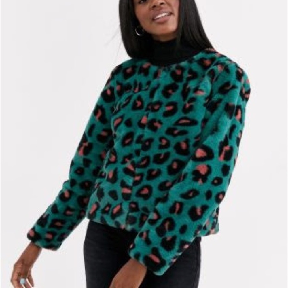Brave Soul Teal Leopard fur Jacket